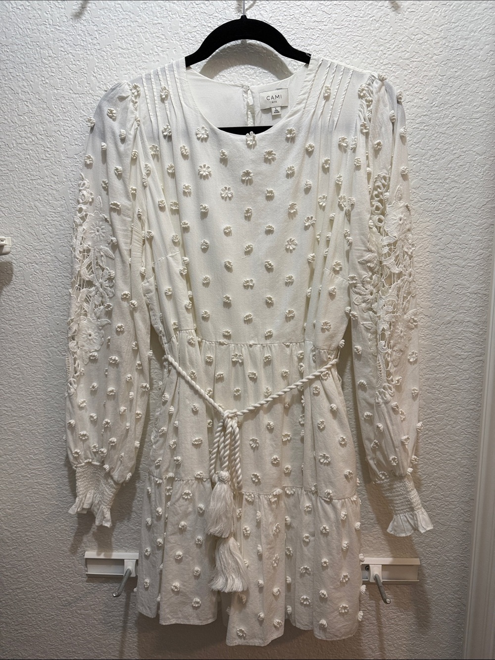 Cami NYC Ivory Textured Mini Dress with Braided Tassel Waist